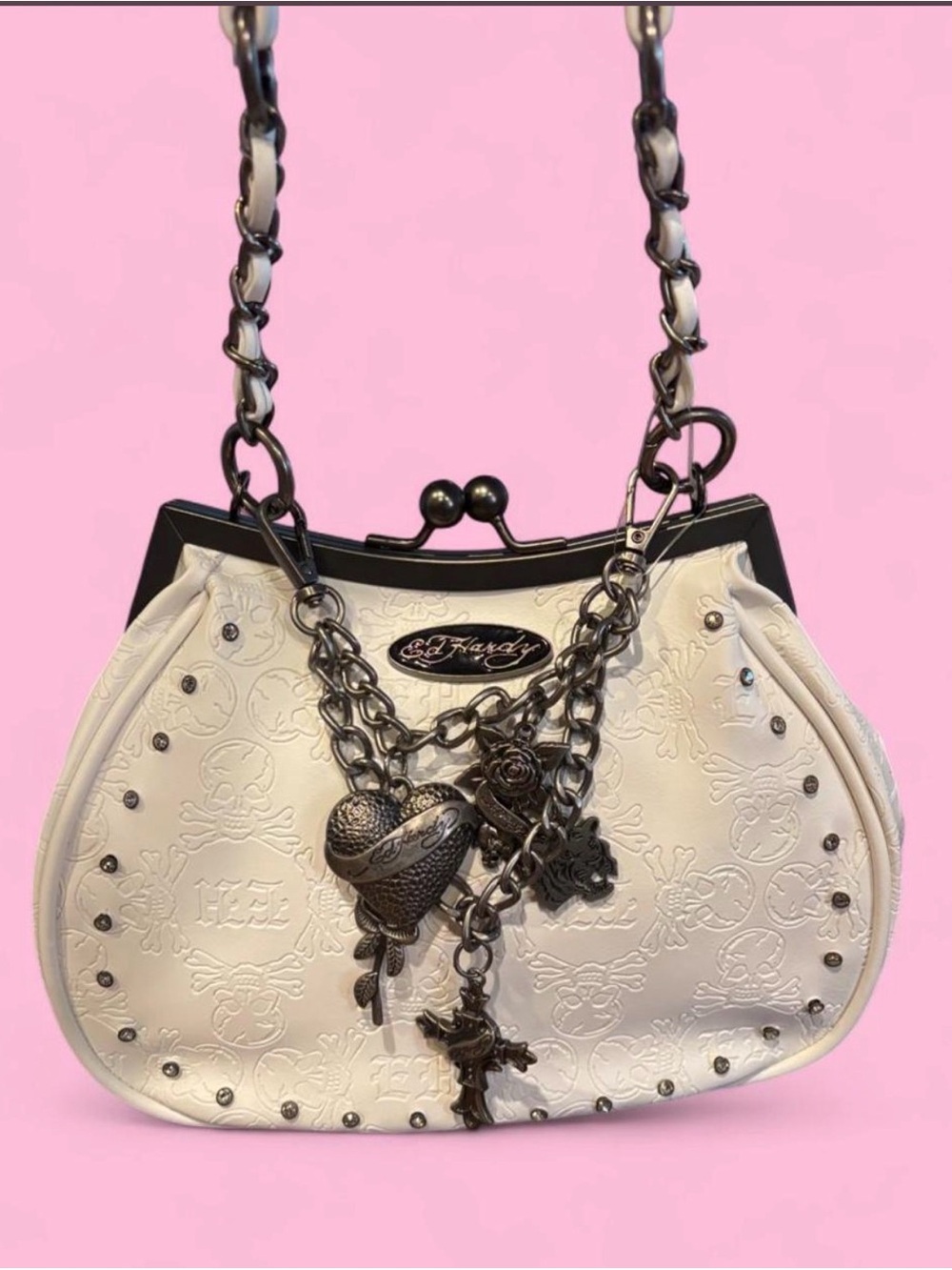 Ed Hardy White Embossed Chain Charm Shoulder Bag